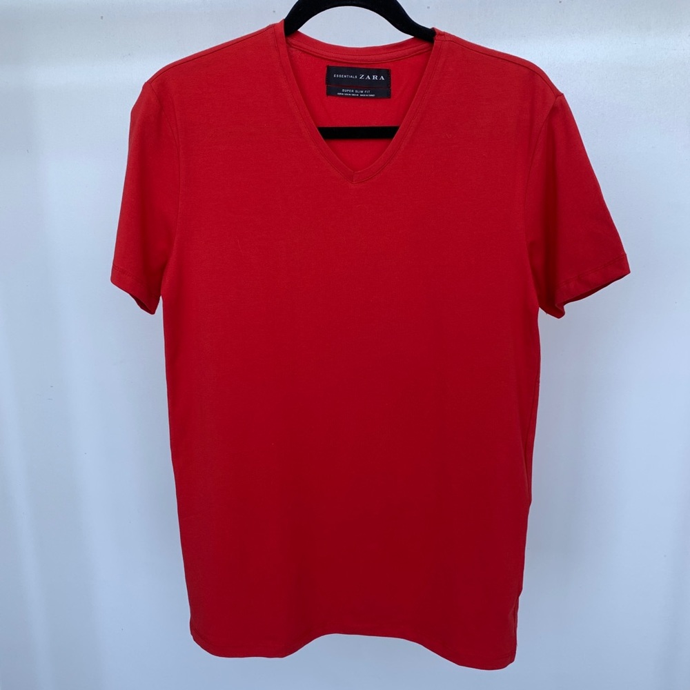 ZARA Red Super Slim Fit V-Neck Tee Shirt